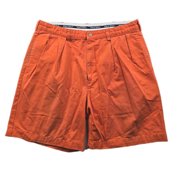 Polo Golf Ralph Lauren Shorts Mens 34 Orange Cotton Pleated Casual Golfing VTG